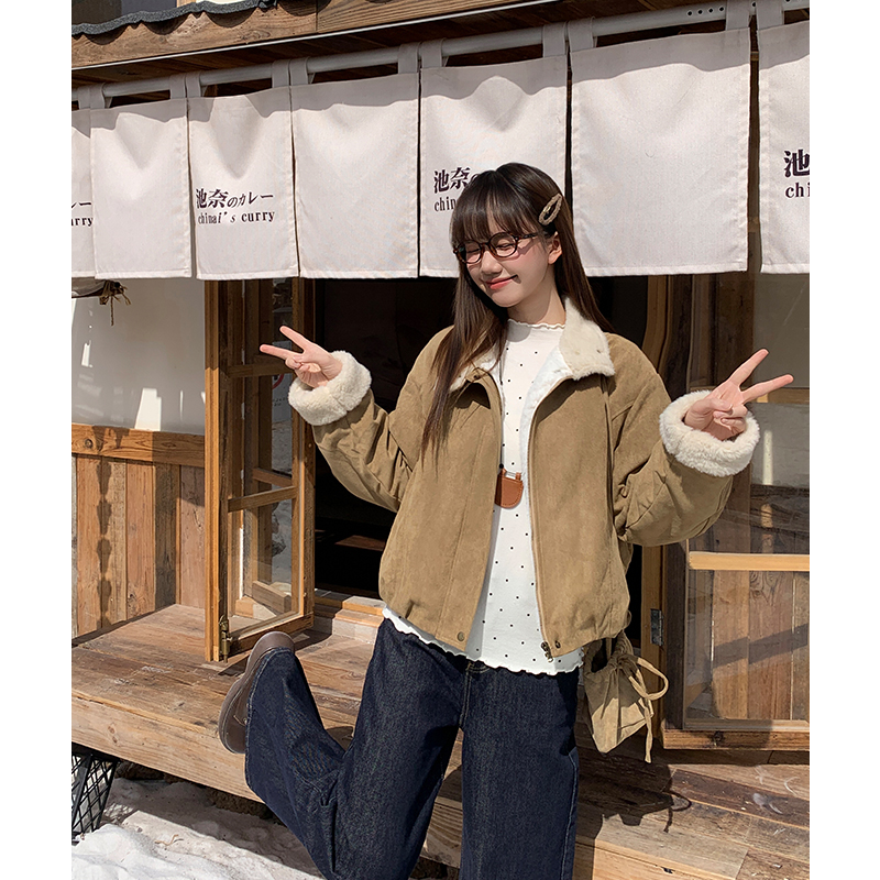 Retro thermal lambs wool loose cstand collar short coat