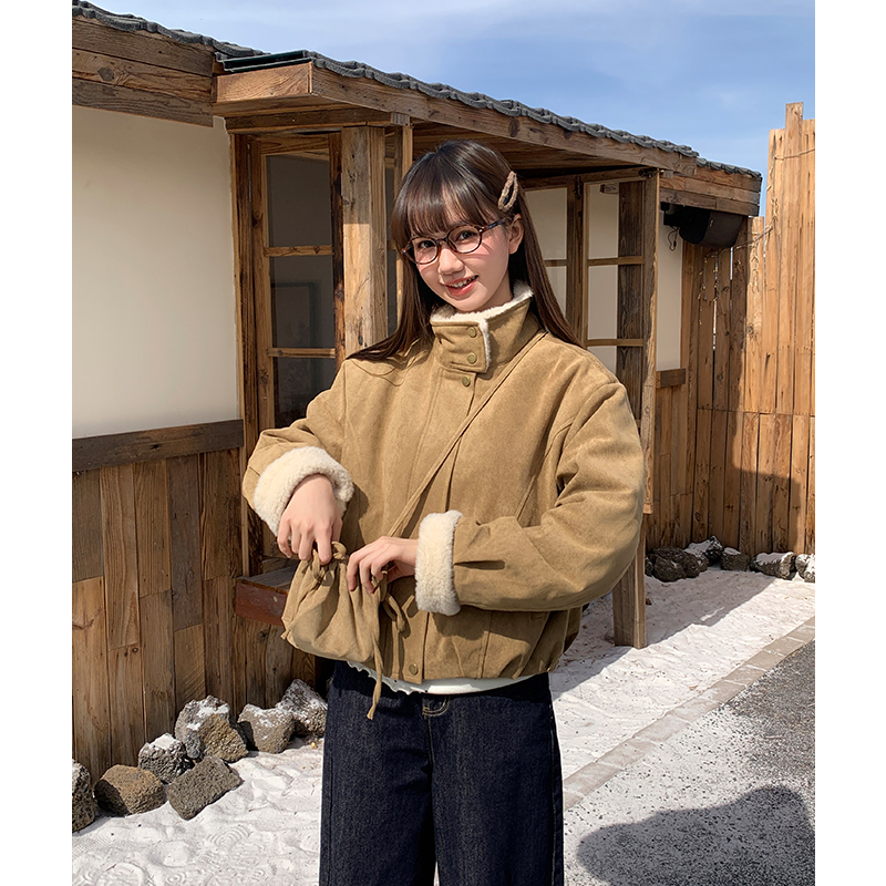 Retro thermal lambs wool loose cstand collar short coat