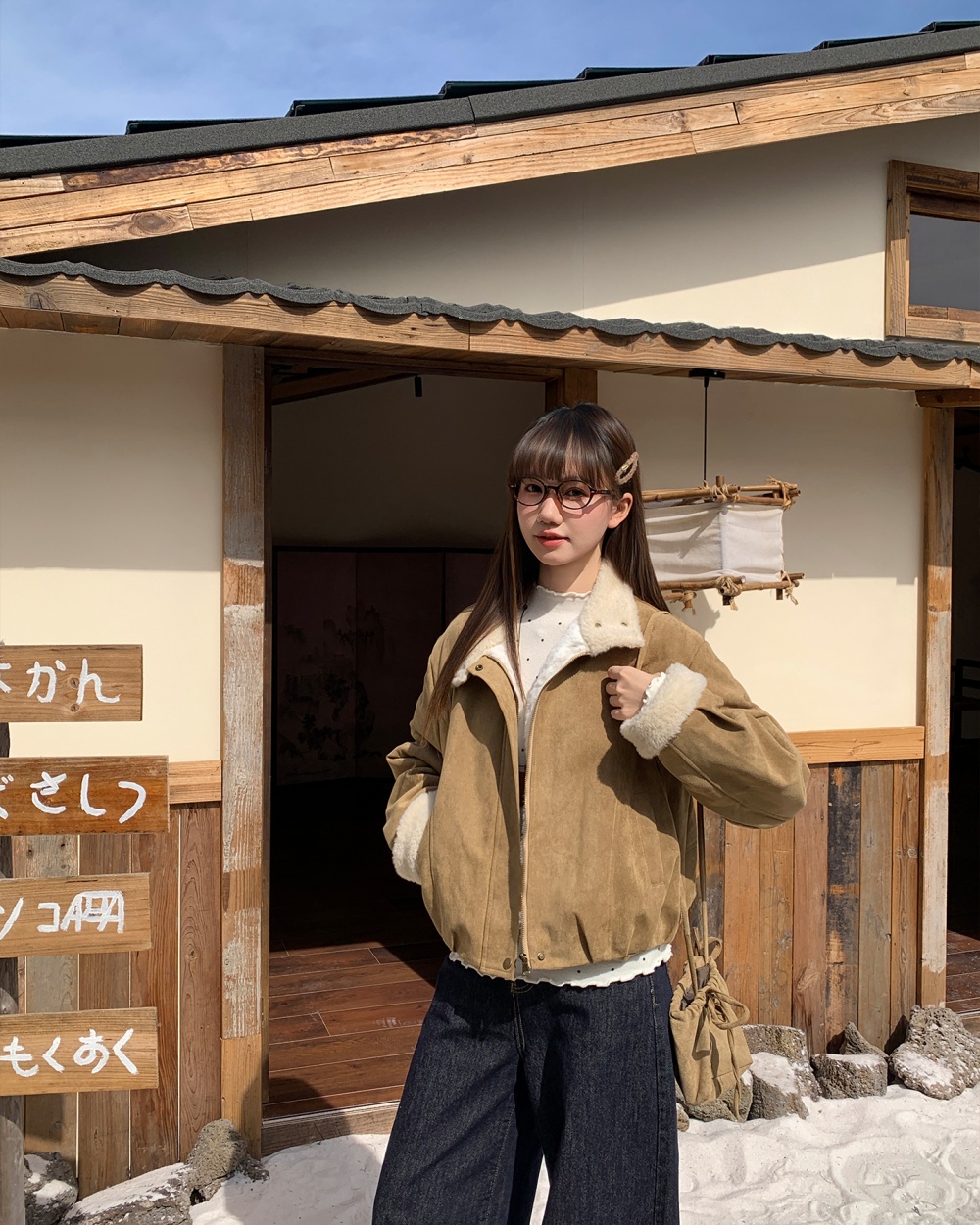 Retro thermal lambs wool loose cstand collar short coat