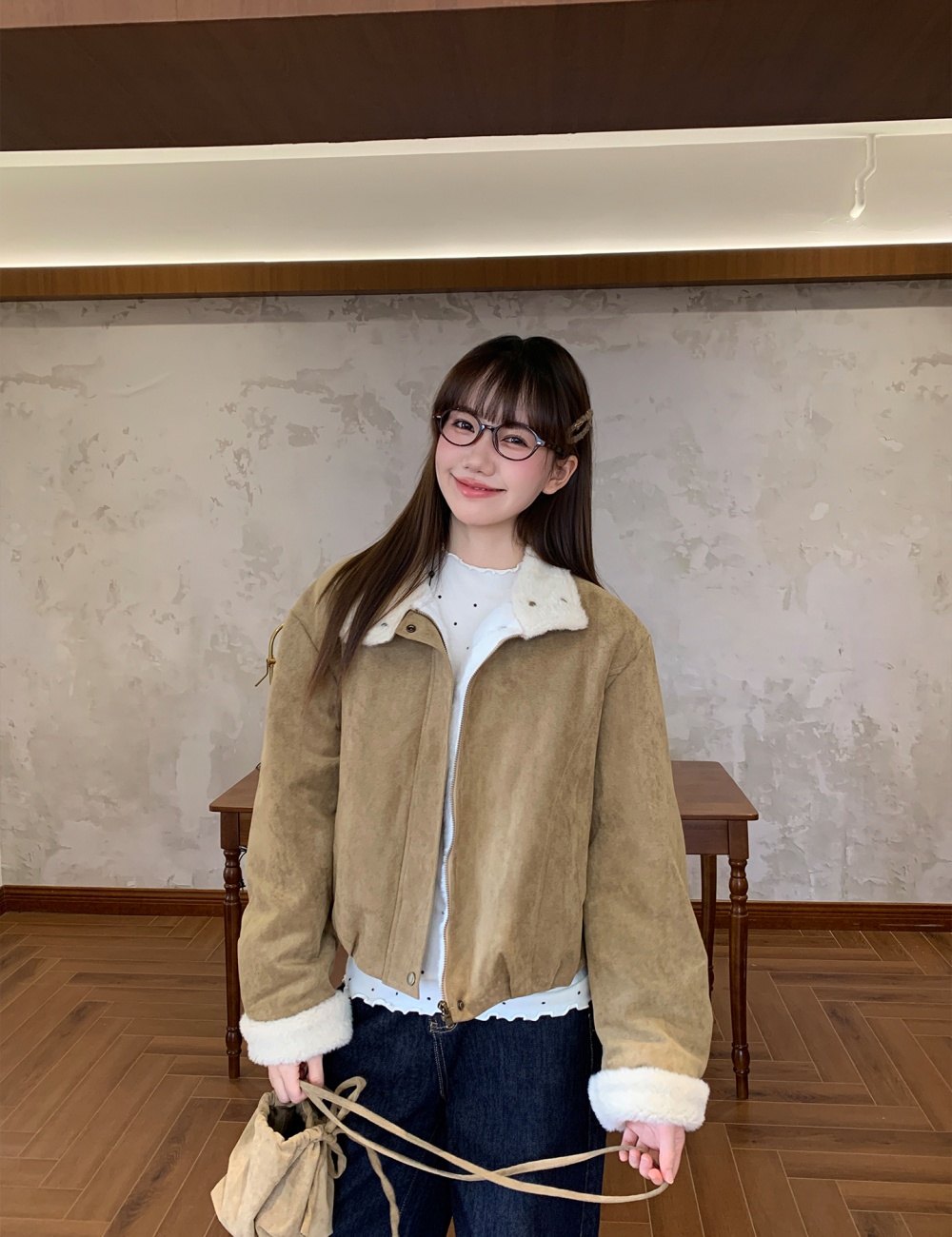 Retro thermal lambs wool loose cstand collar short coat