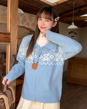 Knitted tender zip jacquard fashion lazy cardigan for women