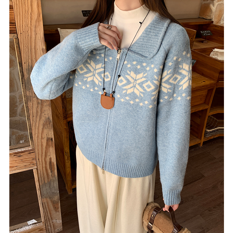 Knitted tender zip jacquard fashion lazy cardigan for women