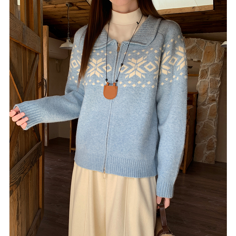 Knitted tender zip jacquard fashion lazy cardigan for women