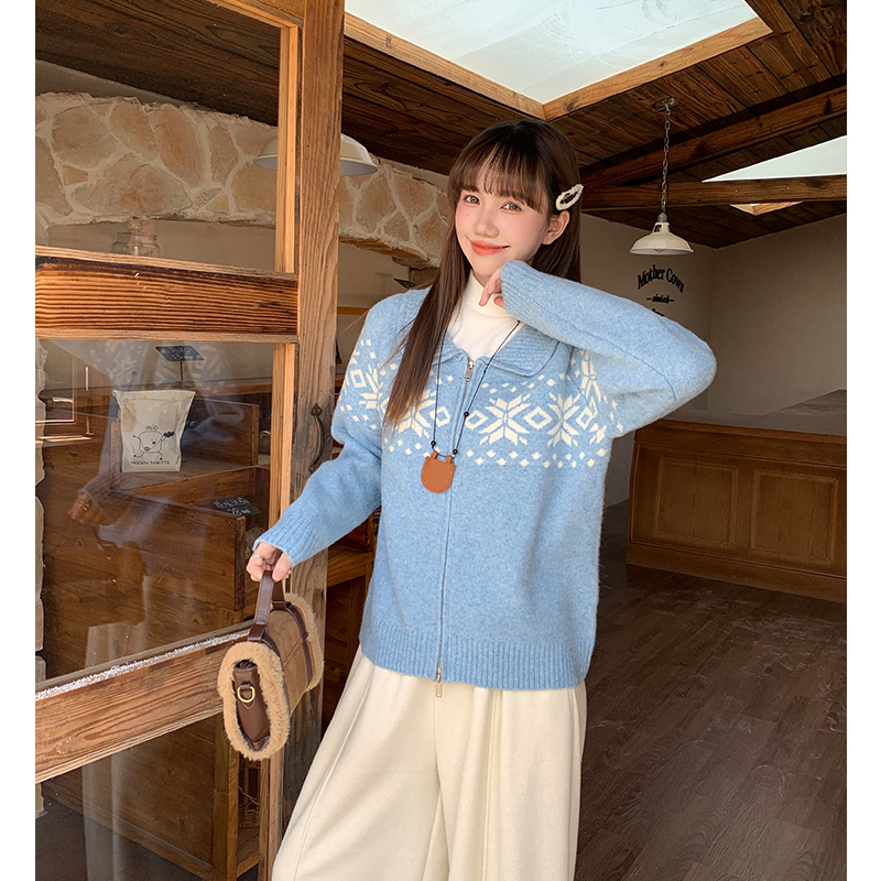 Knitted tender zip jacquard fashion lazy cardigan for women