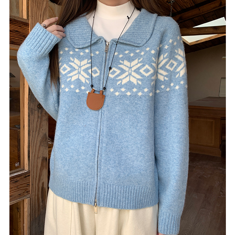 Knitted tender zip jacquard fashion lazy cardigan for women