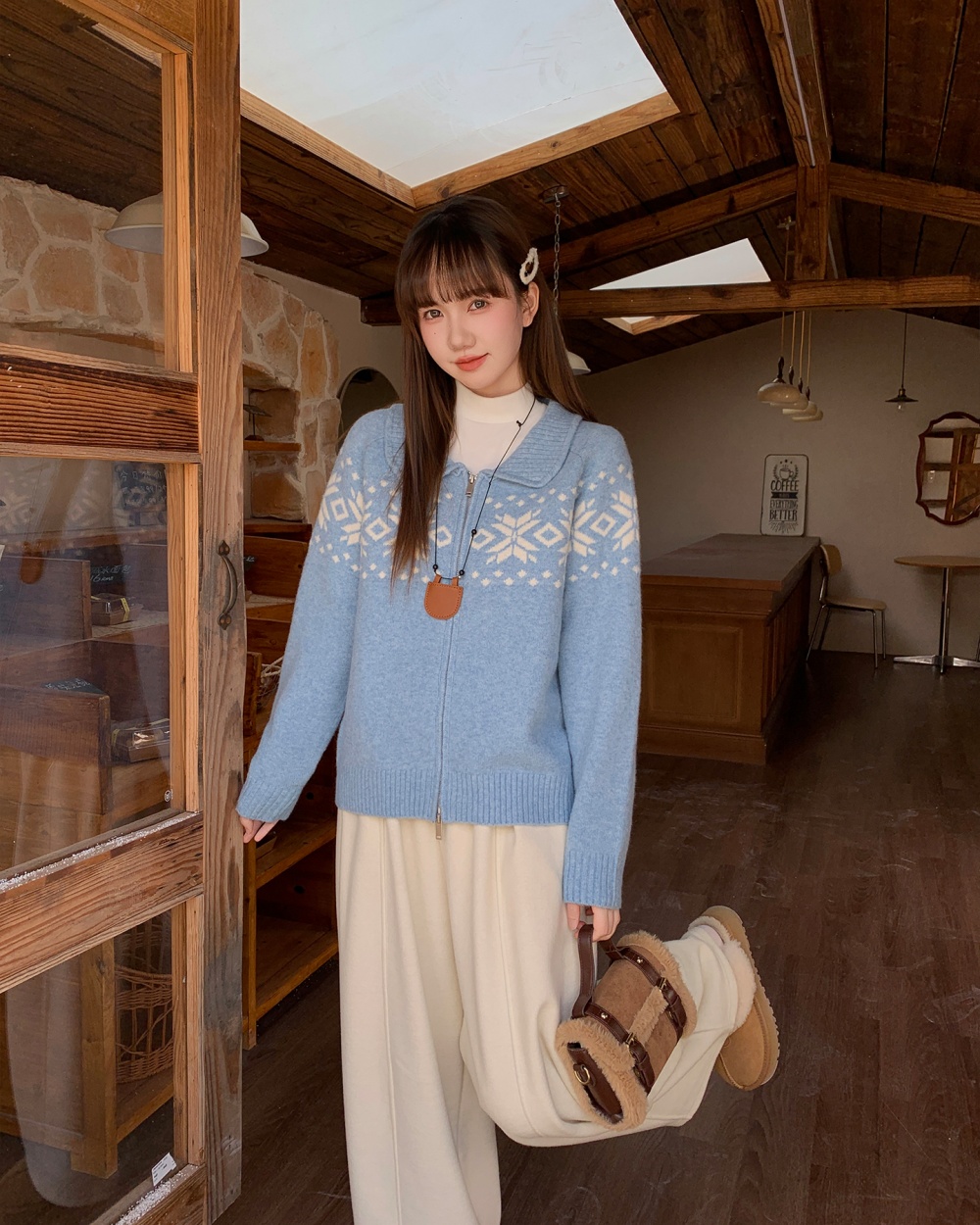 Knitted tender zip jacquard fashion lazy cardigan for women