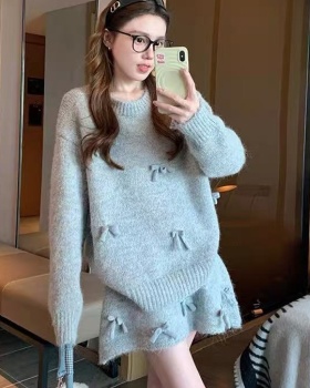 Stereoscopic short skirt bow sweater 2pcs set for women