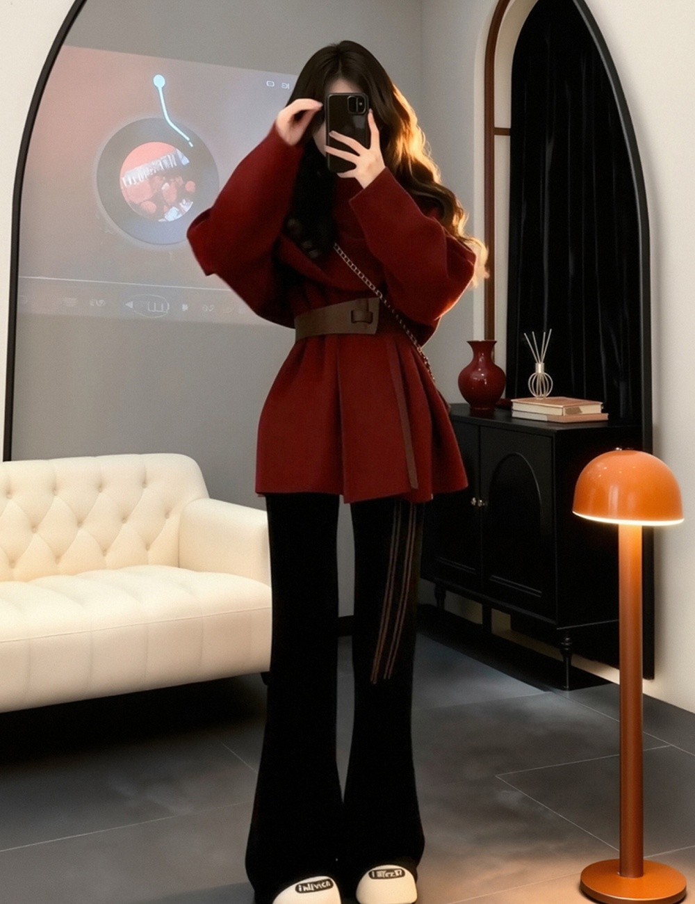 Gray temperament cardigan pinched waist retro scarves