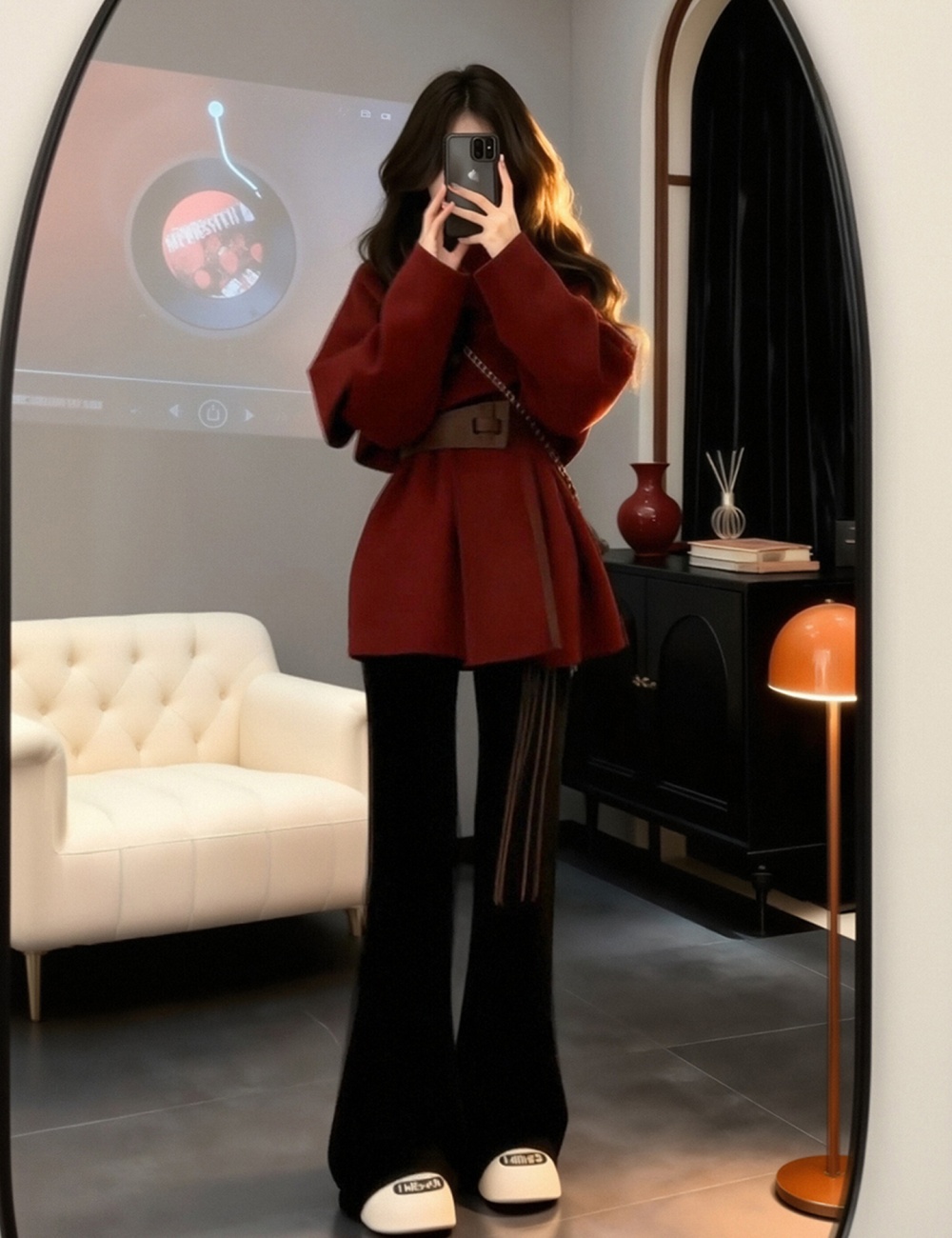 Gray temperament cardigan pinched waist retro scarves