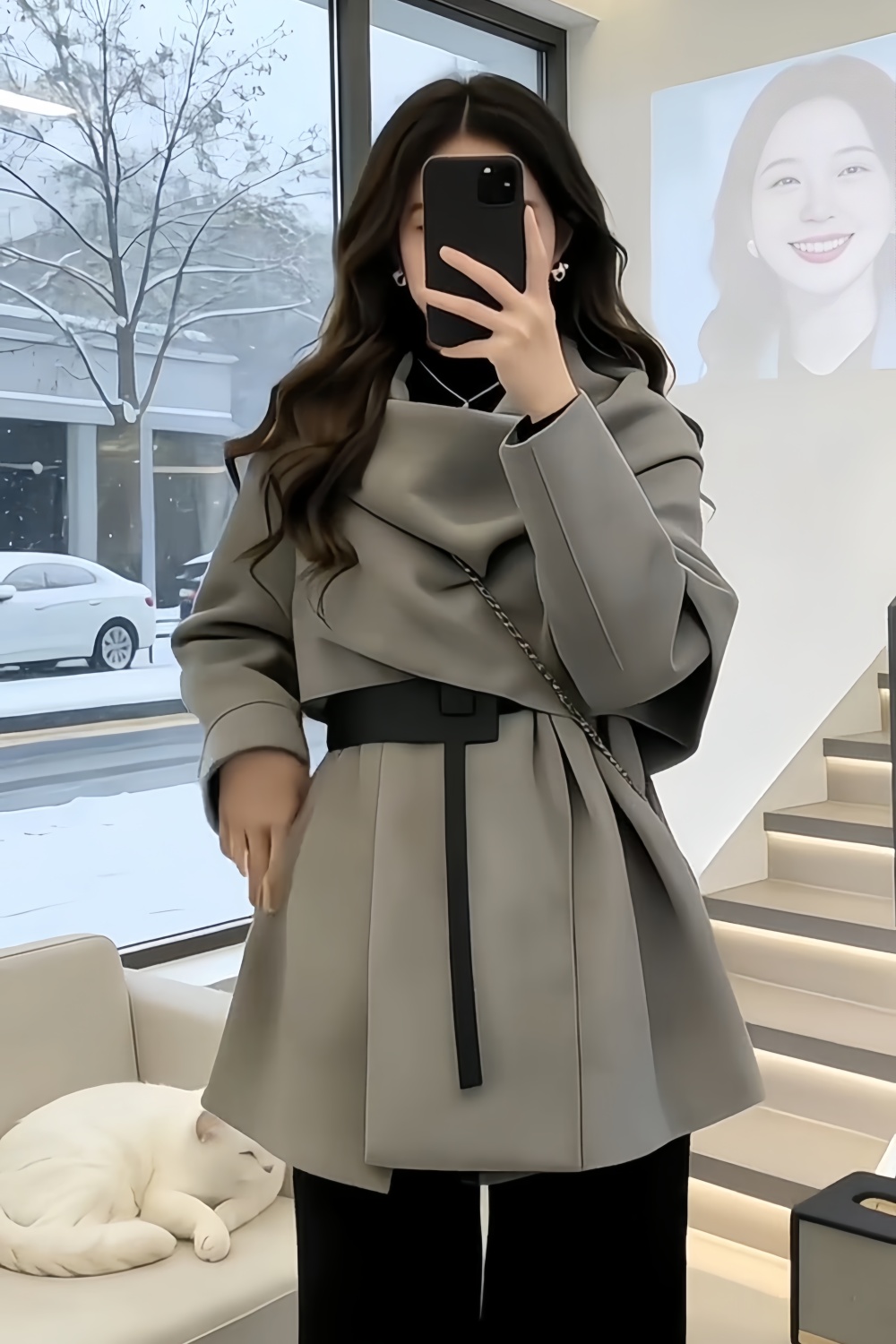 Gray temperament cardigan pinched waist retro scarves