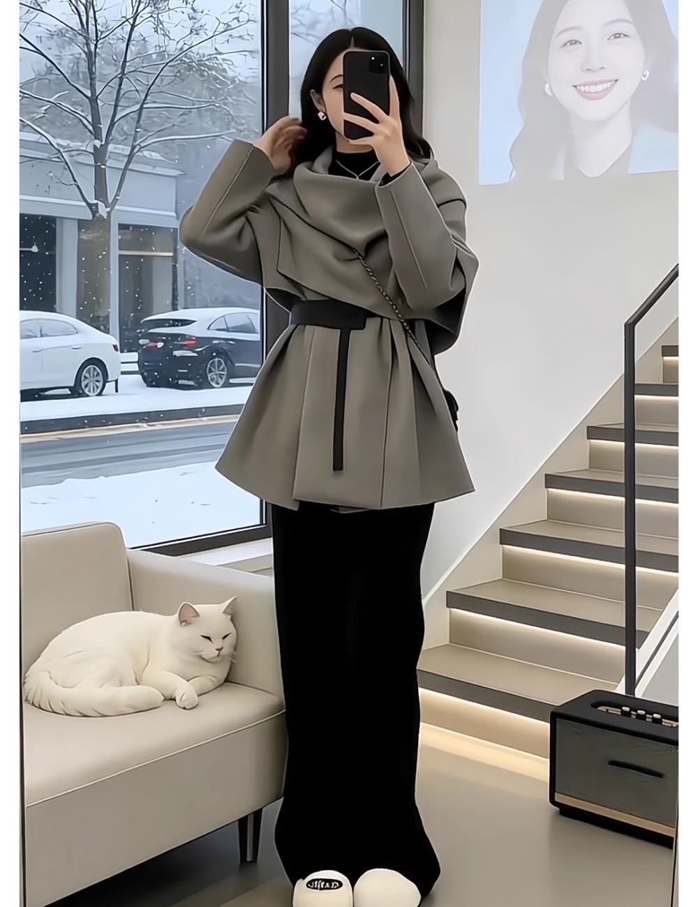 Gray temperament cardigan pinched waist retro scarves