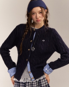 Short embroidery sweater plaid wool cardigan