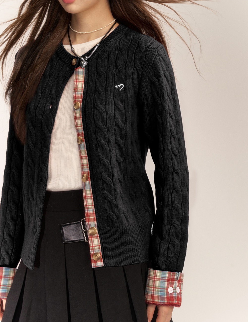 Short embroidery sweater plaid wool cardigan