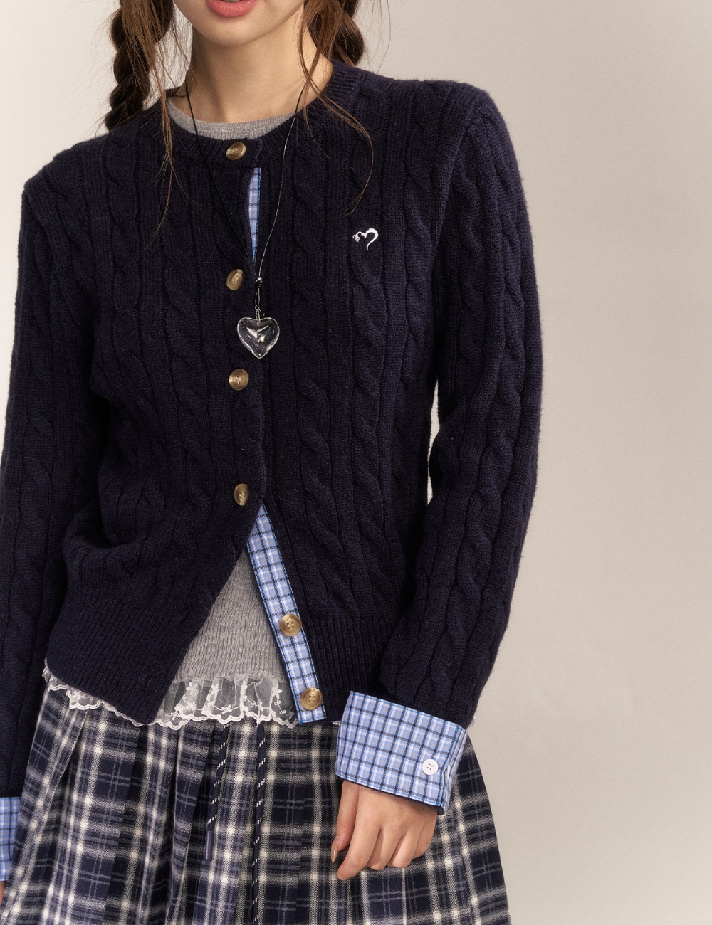 Short embroidery sweater plaid wool cardigan