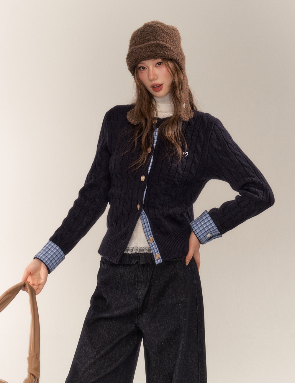 Short embroidery sweater plaid wool cardigan