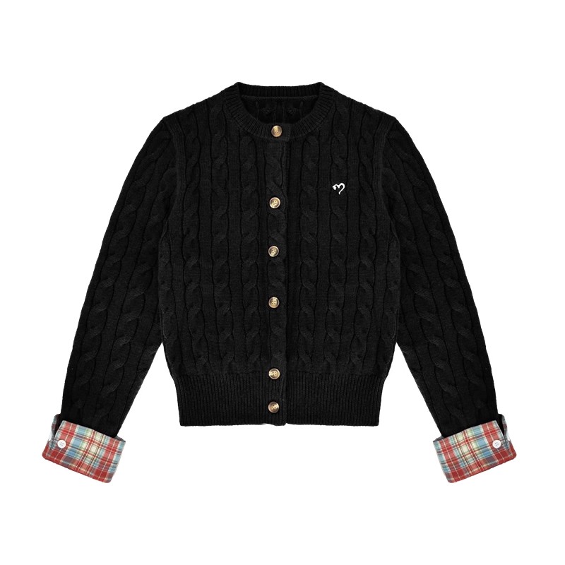 Short embroidery sweater plaid wool cardigan