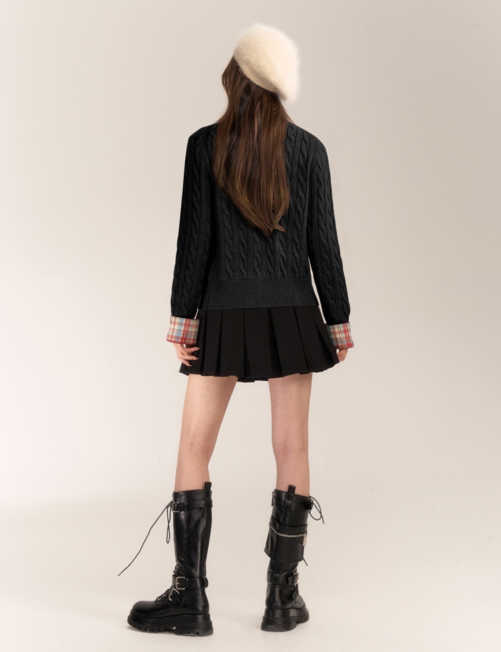 Short embroidery sweater plaid wool cardigan