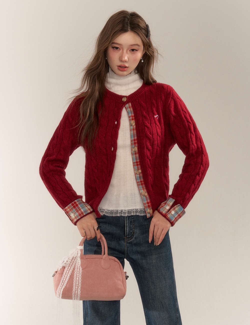 Short embroidery sweater plaid wool cardigan