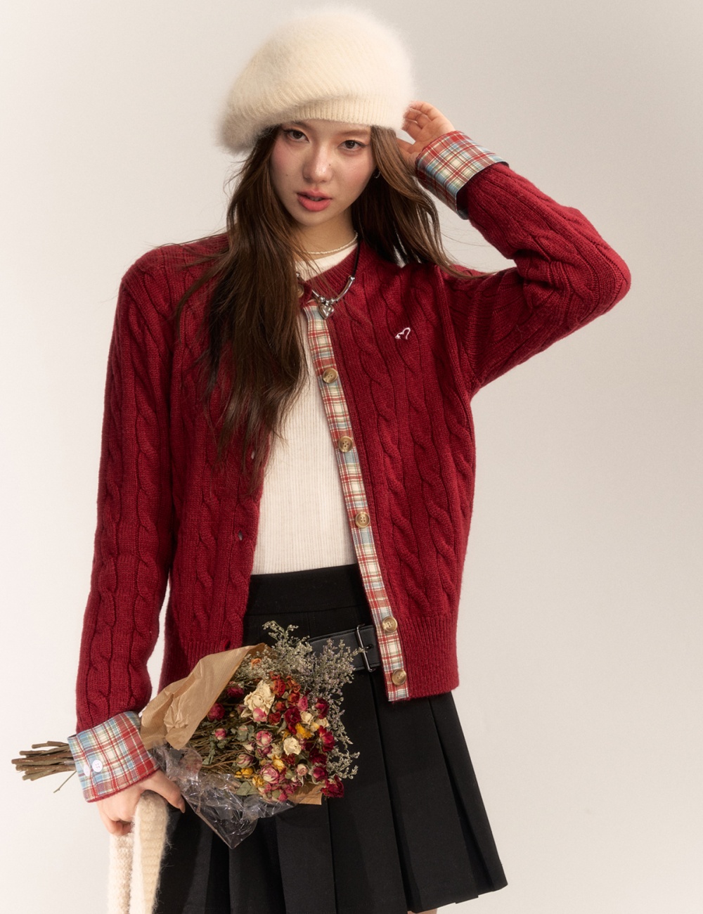Short embroidery sweater plaid wool cardigan