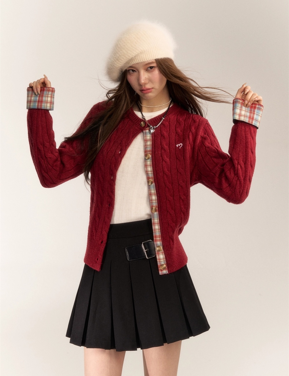 Short embroidery sweater plaid wool cardigan