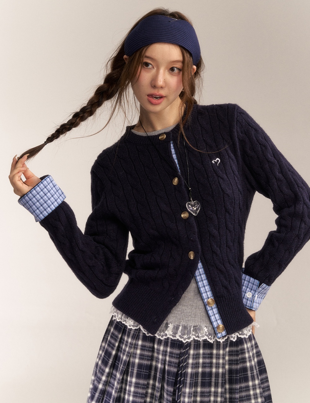 Short embroidery sweater plaid wool cardigan