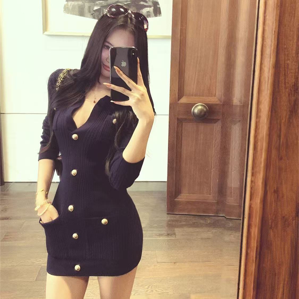 Pinched waist knitted long sleeve dress for women