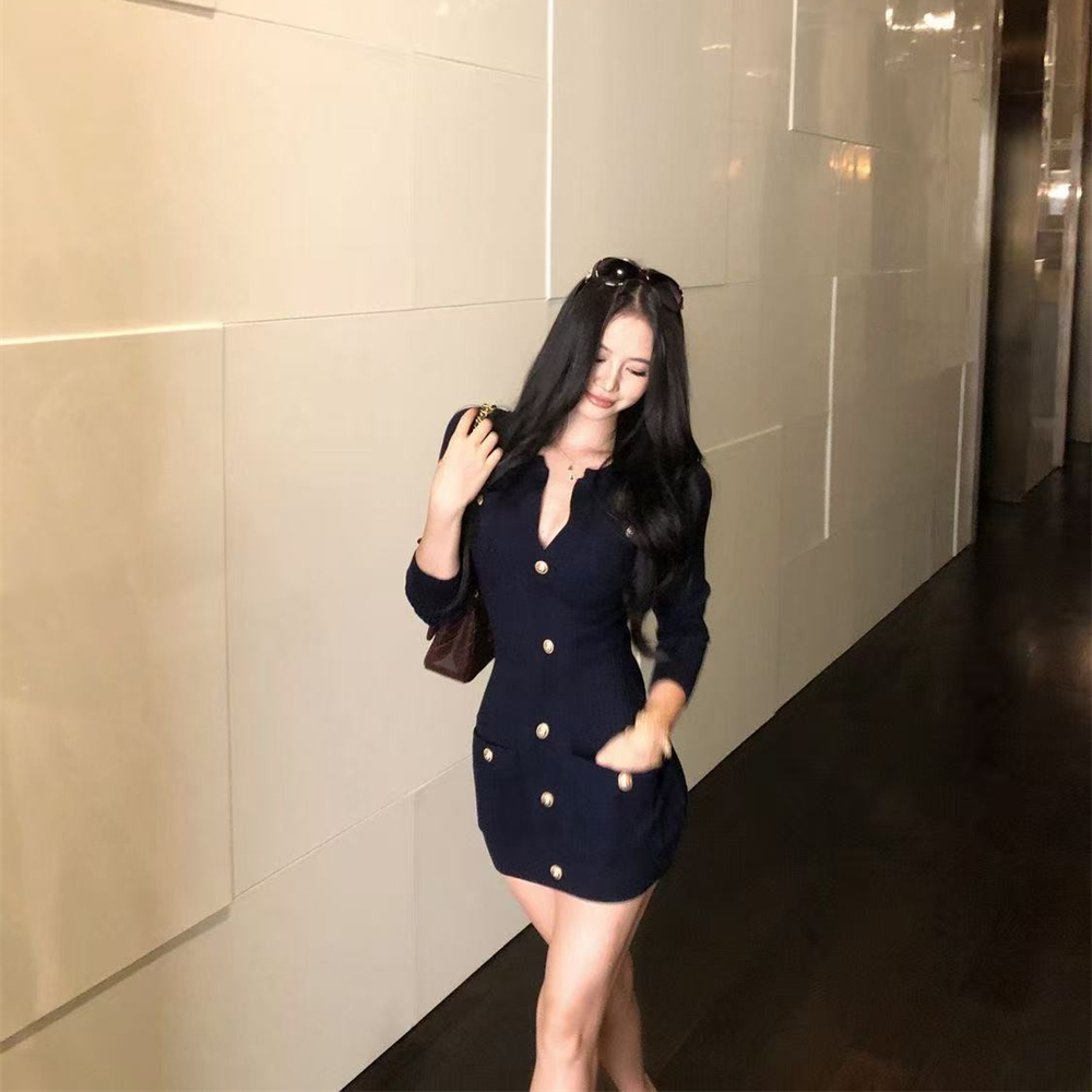 Pinched waist knitted long sleeve dress for women