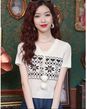 Short sleeve jacquard sweater round neck pullover tops