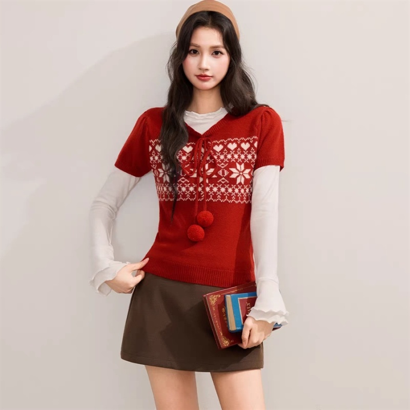 Short sleeve jacquard sweater round neck pullover tops