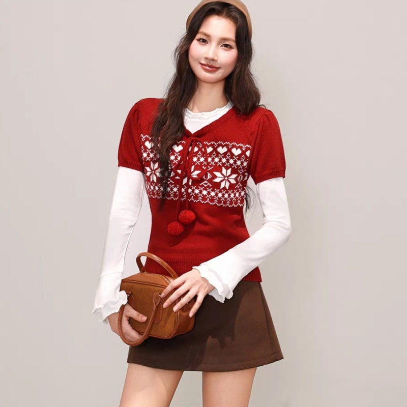 Short sleeve jacquard sweater round neck pullover tops