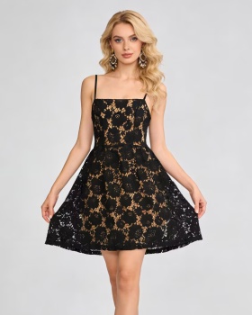 Square collar France style lace elegant pinched waist dress