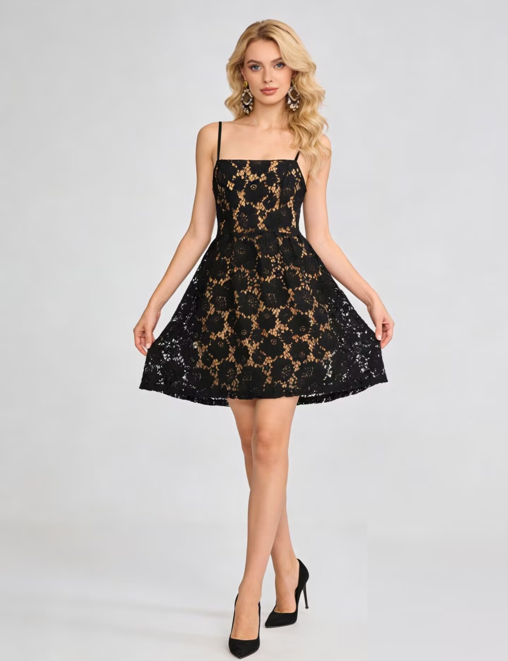 Square collar France style lace elegant pinched waist dress