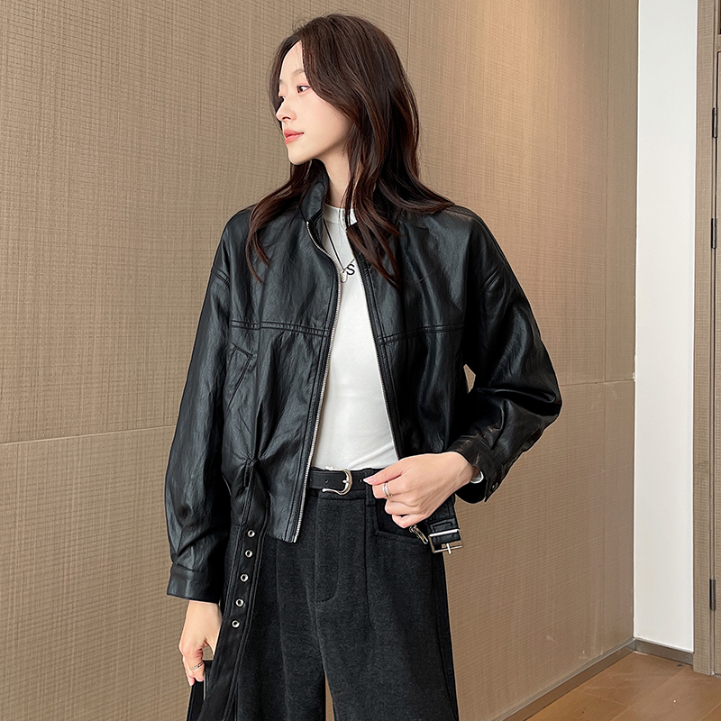 Pinched waist short coat fashion leather coat
