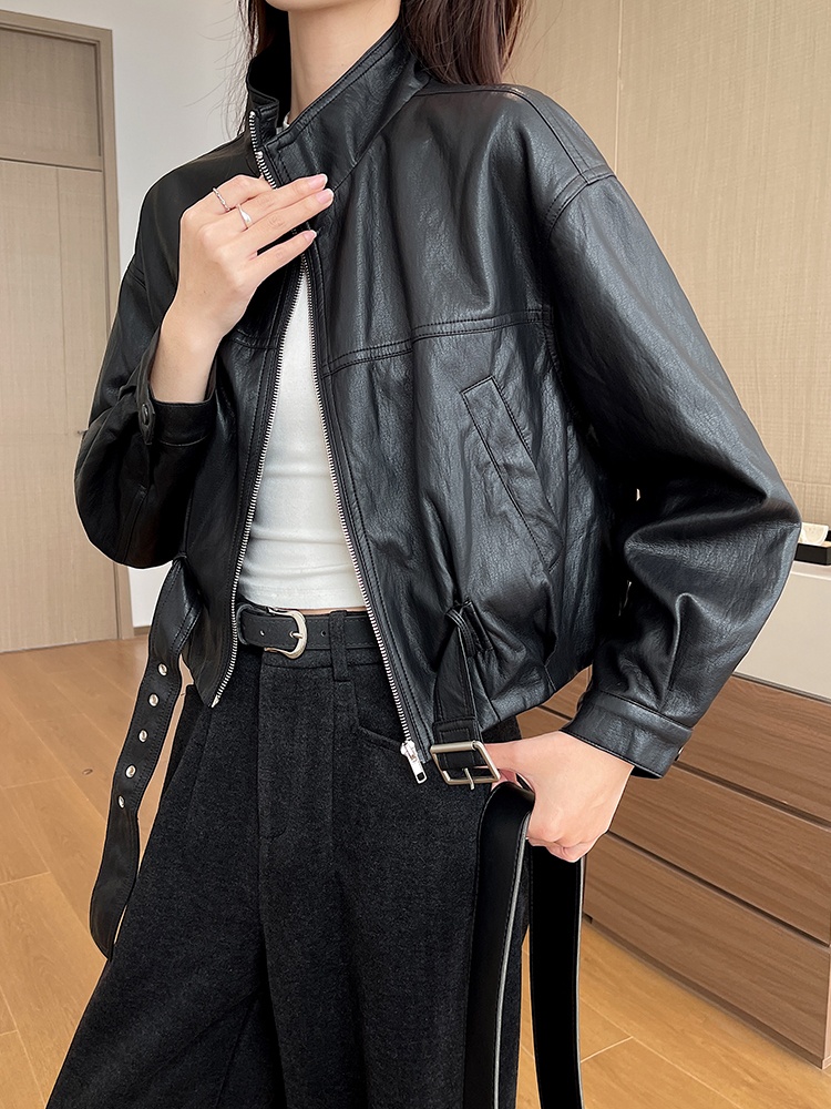 Pinched waist short coat fashion leather coat