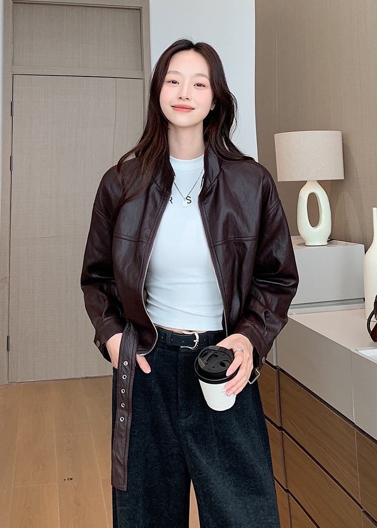 Pinched waist short coat fashion leather coat