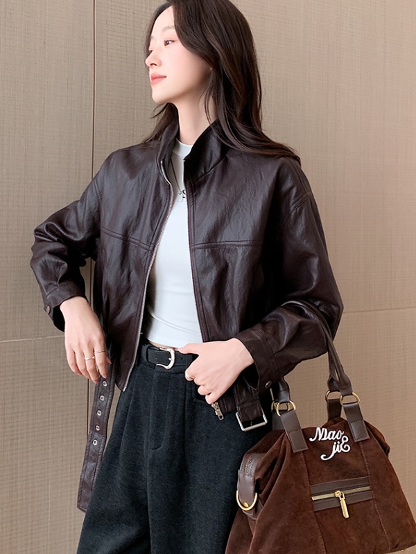 Pinched waist short coat fashion leather coat