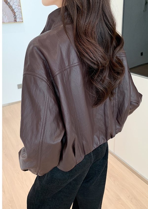 Pinched waist short coat fashion leather coat