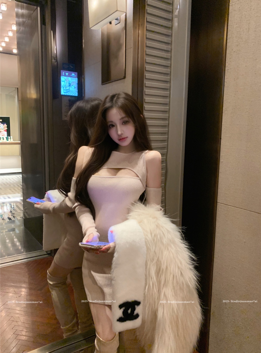 Knitted enticement bottoming long sleeve hollow slim dress