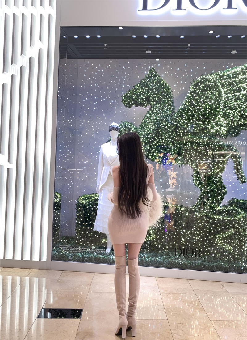 Knitted enticement bottoming long sleeve hollow slim dress