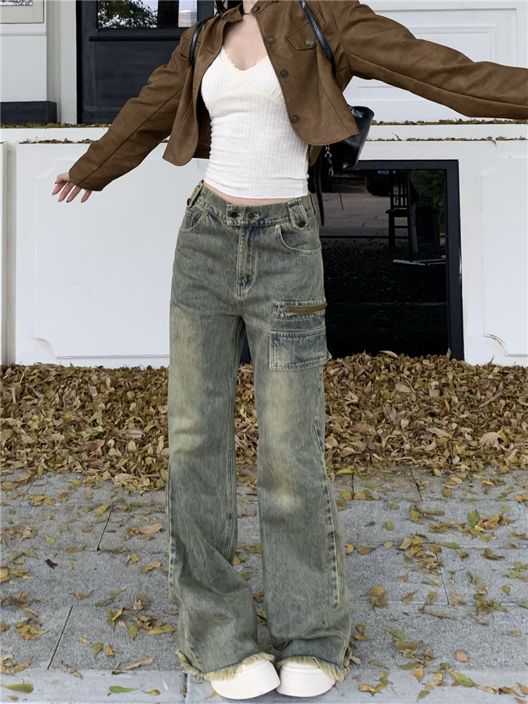 Washed slim retro jeans loose straight pants for women