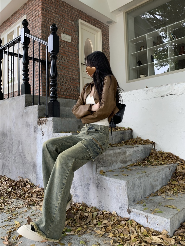 Washed slim retro jeans loose straight pants for women