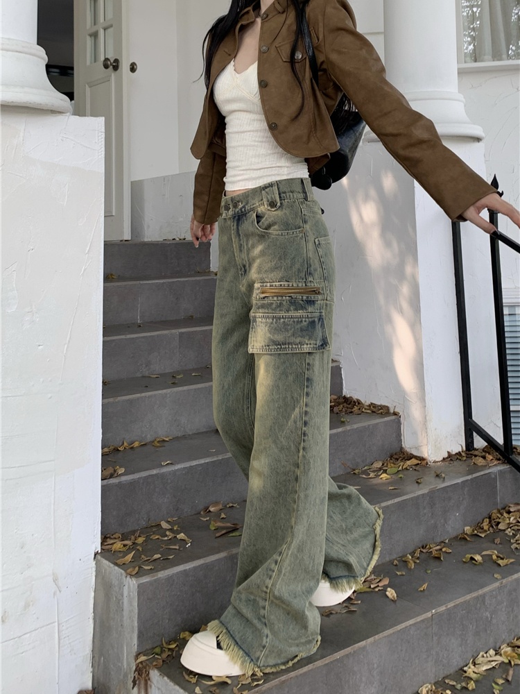 Washed slim retro jeans loose straight pants for women