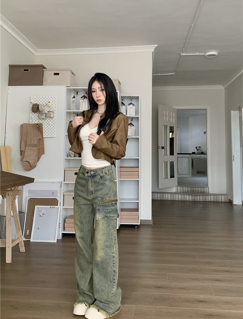 Washed slim retro jeans loose straight pants for women