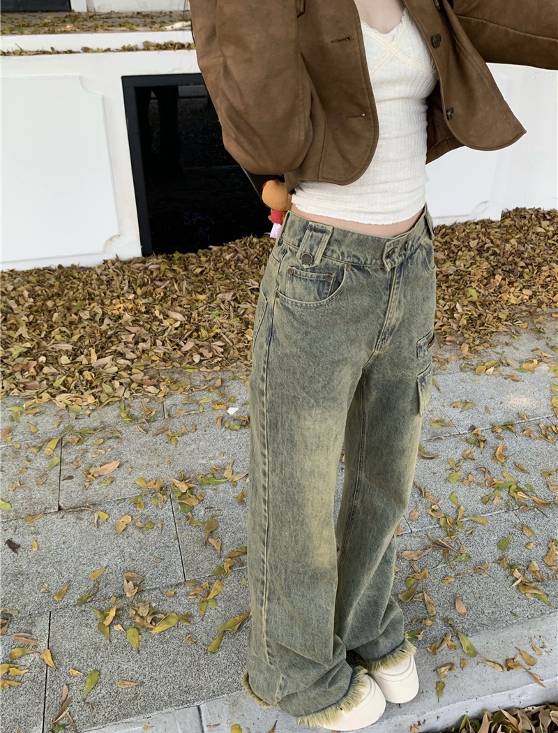 Washed slim retro jeans loose straight pants for women