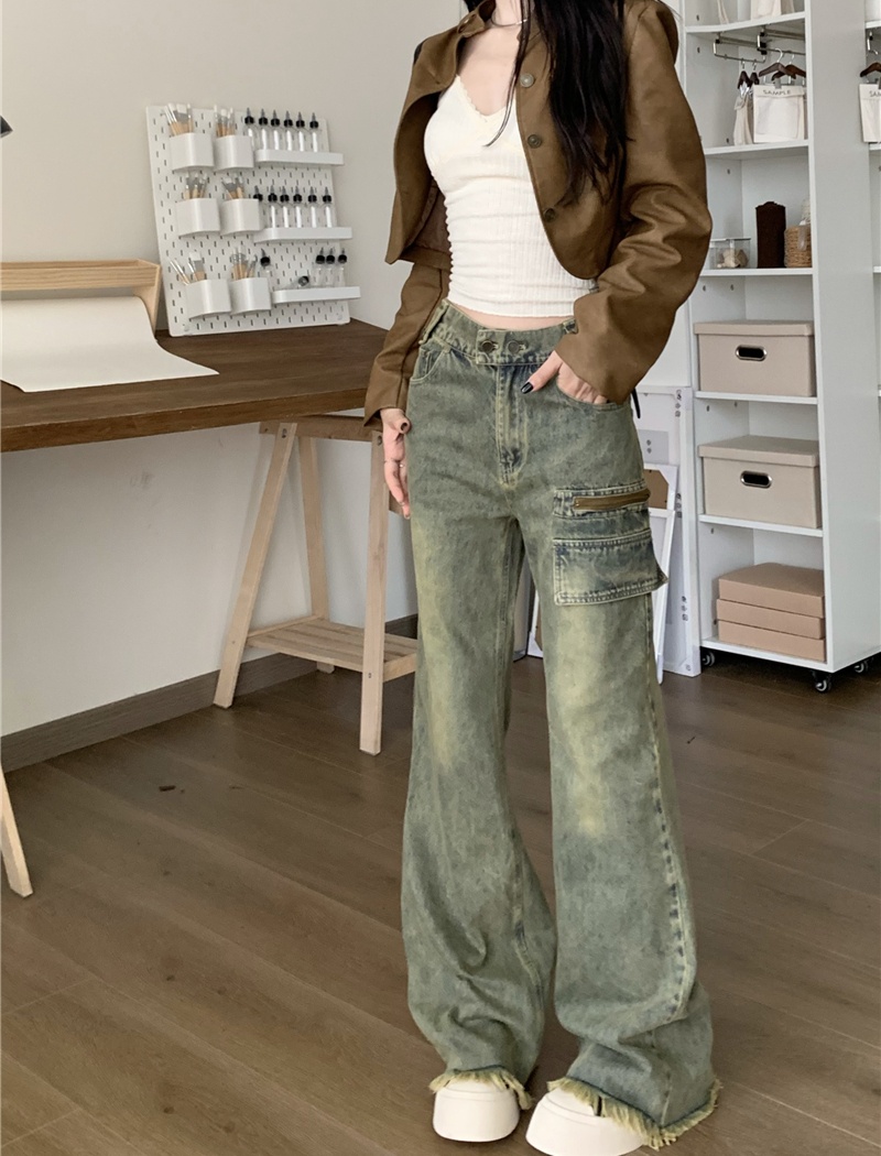 Washed slim retro jeans loose straight pants for women