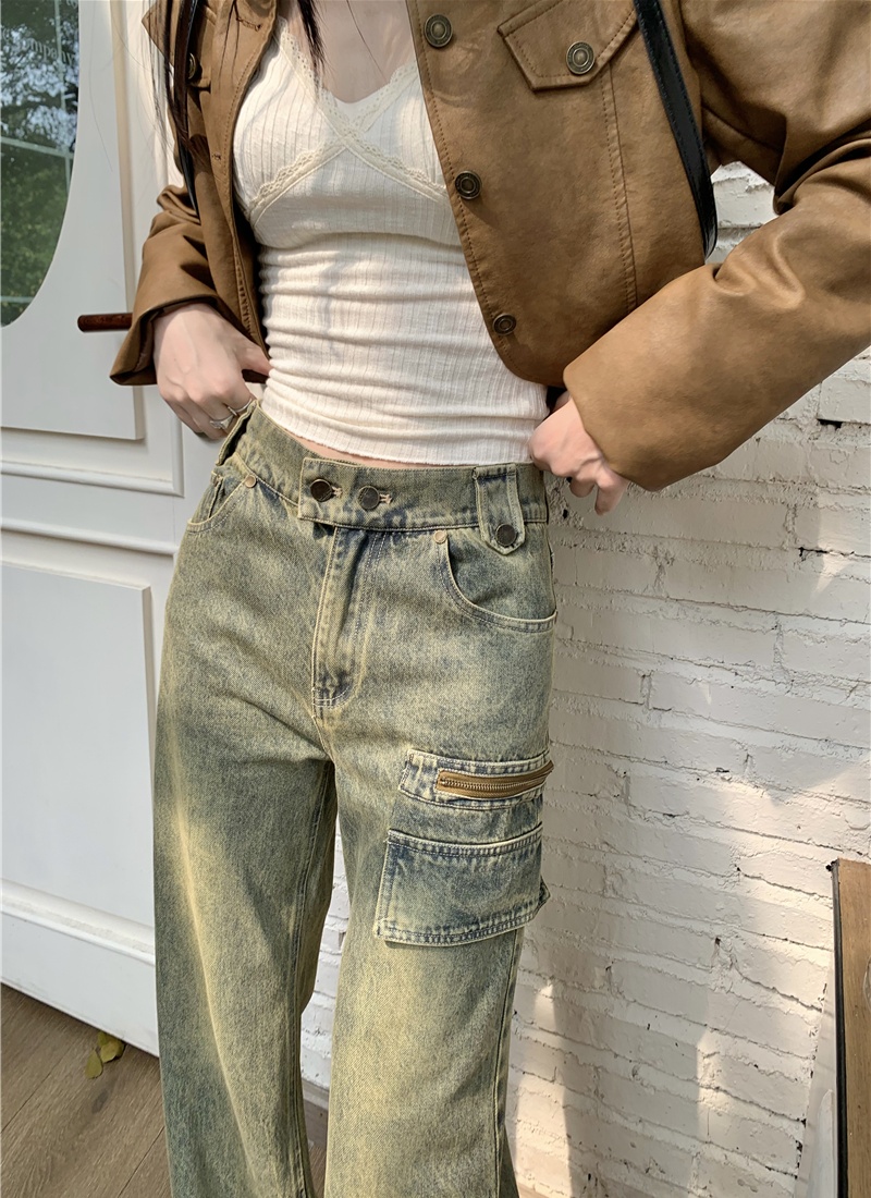 Washed slim retro jeans loose straight pants for women