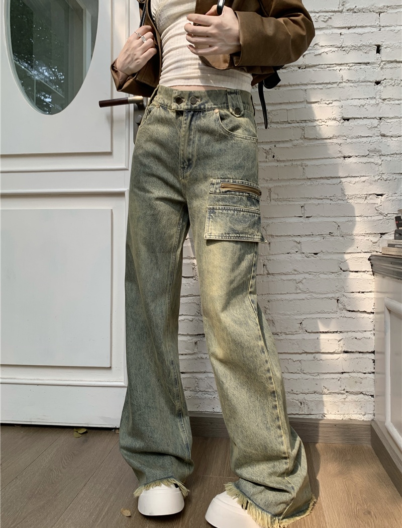 Washed slim retro jeans loose straight pants for women