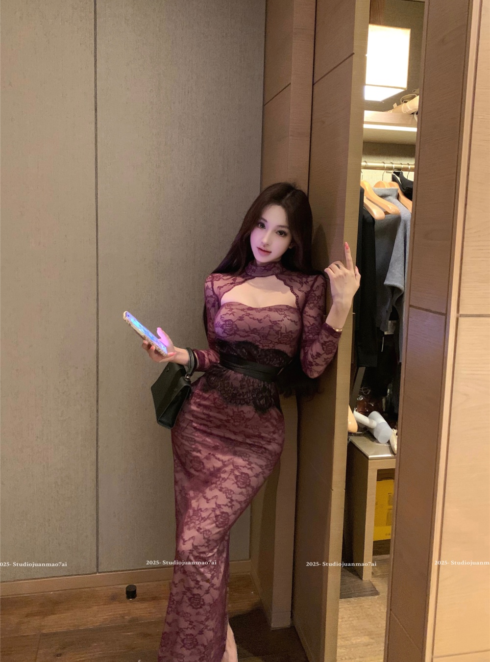 Purple slim sexy long sleeve frenum dress for women