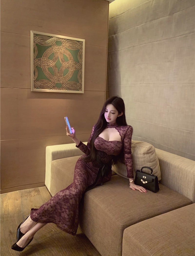 Purple slim sexy long sleeve frenum dress for women