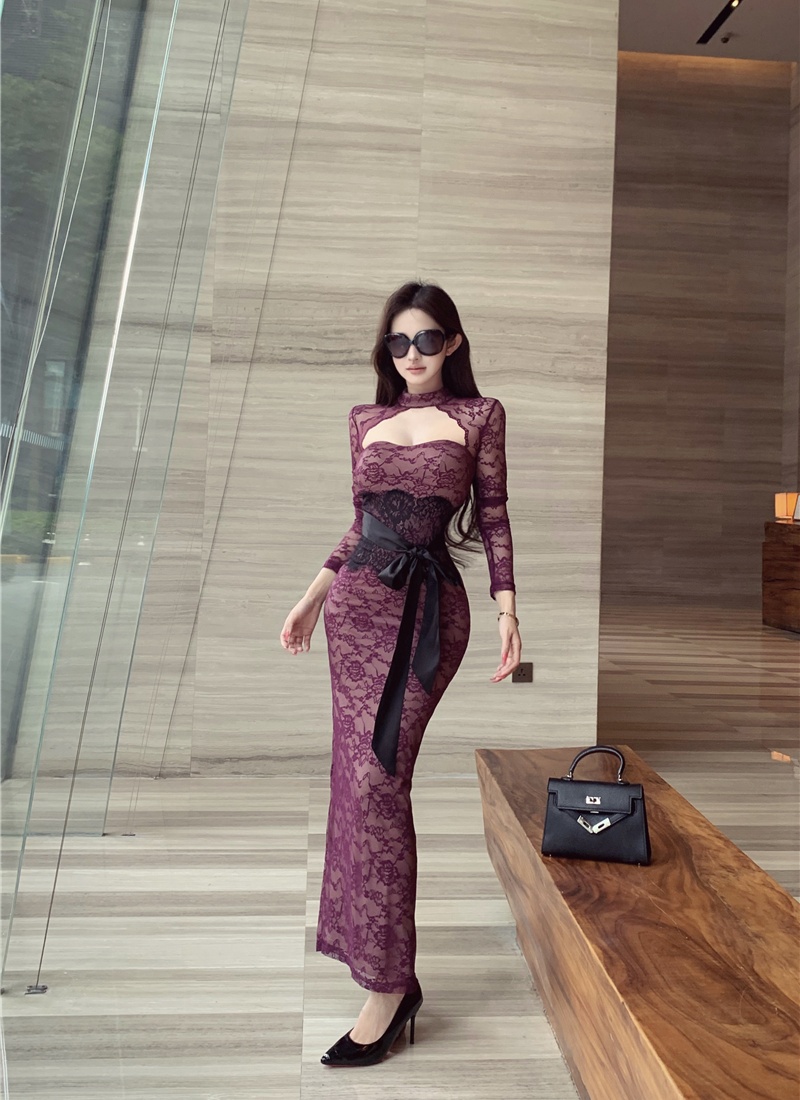 Purple slim sexy long sleeve frenum dress for women